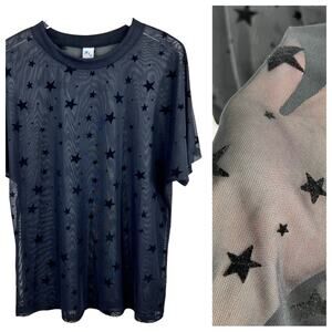 GOTH Y2K Black Star Sheer See Through Mesh with Solid Velvet Stars Top M EC